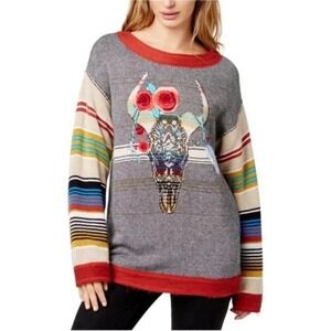Free People Size M Desert Rose Longhorn Embroidered Skull Oversized Wool Sweater